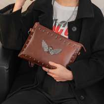 Original design retro mad horse PU leather male handbag personality rivet hand grab bag Han version single shoulder bag IPAD bag