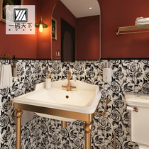 Retro American bathroom Bathroom toilet tile art black and white rose flower tile Wall tile Balcony non-slip floor tile