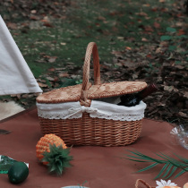 Picnic basket rattan pastoral with lid storage basket Oval Photo fruit basket with lined Japanese bamboo willow basket