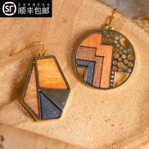 FLAME original design wooden geometric unique niche large earrings 2021 New Tide autumn and winter without ear hole retro