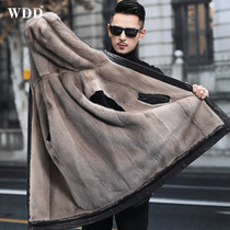 Mink coat Mens first layer tire cowhide leather leather coat Medium and long hooded Haining Parker clothing Whole mink liner coat