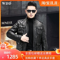 2021 Haining Leather Men Leather Short Stand Collar Slim Handsome Motorcycle Sheepskin Jacket Autumn and Winter Thin Jacket