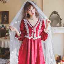 Japanese sweet flannel court nightgown women autumn thick mink New Year red princess pajamas long dress