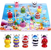 Wooden magnetic fishing early education childrens puzzle 3-5 years old table game Wooden kitten fishing 3D three-dimensional toy