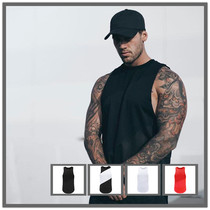 Mens boxing fitness vest cotton stitching mesh solid color bodybuilding waistband shoulder long loose sleeveless T sleeve top