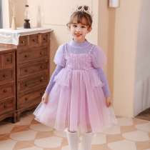 Girls sweater dress autumn and winter 2021 middle school children Super foreign air fairy fairy skirt bubble sleeve lace childrens dress