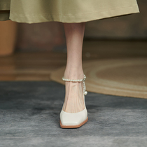Cosy Genuine Leather Mary Precious Shoes Woman Coarse Heel Middle Heel Single Shoes 2021 New Spring And Autumn Shallow Square Head High Heel Shoes