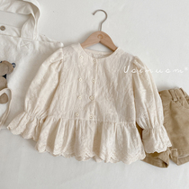 Girls spring new pure color embroidered double-row buttoned shirt 2022 mid-child Korean version lace cuffs cardiovert blouse
