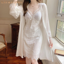 Ice Silk Sleeping Skirt Woman Summer White Hanging Band Skirt Advanced Sensual Sensuality Lace Sleeping Robe Emulation Silk Home Suit Suit