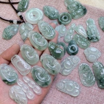 Zhou Defu Natural Myanmar jade pendant Ice flower Yang Green Guanyin Jade Buddha Pixiu Ruyi leaf safety buckle