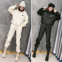 Hooded leisure sports set women winter 2021 New down cotton stitching plus velvet two-piece European tide
