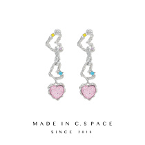 Dopamine girl earrings pink love diamond show face small tassel earrings niche design ear clips without piercings
