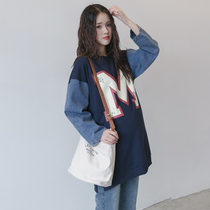 Pregnant womens sweatshirt 2022 The new female loose Korean version of the letter denim splicing pregnant woman blouses the pregnant woman blouses the spring and autumn