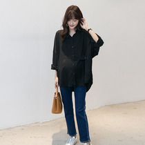 Pregnant women black shirt Spring and Autumn long sleeve top loose size belly tide mother personality waist fashion maternity dress