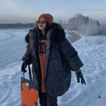 European black long bread down jacket womens winter long profile white goose down detachable raccoon hair collar new