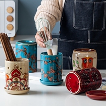 Creative Japanese Korean ceramic chopsticks tube chopsticks cage tool tube pen kiln glaze hand-painted tableware kitchen supplies