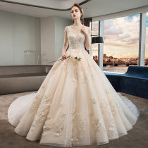 V-lord wedding dress 2021 new bridal temperament court style French light super fairy big tail one shoulder small man