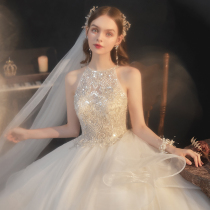 Main wedding dress 2021 new bridal temperament simple atmosphere French high-end luxury trailing starry sky halter neck small man