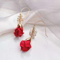 Korea Fashion Red Rose Petal Earrings Female Pearl Tassel Earrings Long Premium French Earrings