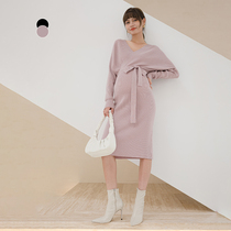 BELLYWEAR Pregnant Women Knitted Dress Fall Winter Fashion French Swan Neck V-Neck Lace-Up Breastfeeding Dress