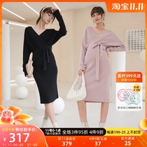 BELLYWEAR pregnant women knit dress 2021 Autumn Winter New Fashion cross V-neck lace-up out lactation dress