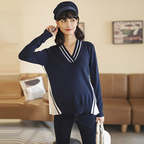 BELLYWEAR pregnant women fall winter sweater fashion striped V-neck knit chiffon pleated stitching sweater