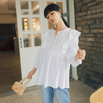 BELLYWEAR MATERNITY SHIRT LOOSE WOMENS LONG-SLEEVED WHITE RUFFLE VERSATILE A-swing NURSING SHIRT