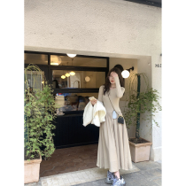 AHY cream coffee color long sleeve dress womens 2022 autumn new style waist thin mid-length skirt versatile long skirt