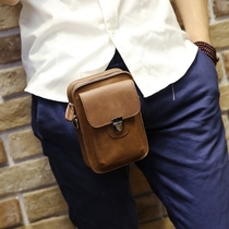 Mens mobile phone bag Korean mens running bag leather small bag outdoor leisure mini hanging bag Crazy Horse leather cigarette bag