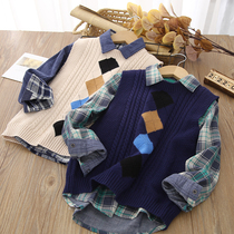  Boys knitted sweater vest vest spring and autumn 2021 new outer wear tide in big childrens Western style childrens horse clip