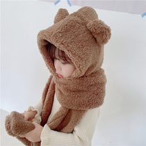 Childrens bear hat scarf one parent-child cute plush hat boys and girls scarf gloves warm baby hat winter