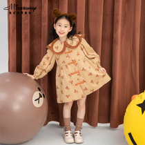 Sweet Little Bear Printed Doll Collar Girl Dress Girl Dress 2022 Springtime New Child Foreign Air Cute Princess Dress