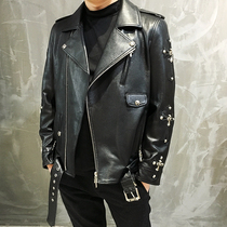AnnuTrend imported first layer cowhide leather leather jacket mens cross pastry embroidered motorcycle jacket coat tide