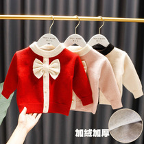 Baby girl plus velvet padded sweater baby winter red new year girl foreign style small fragrant wind base New Year clothing