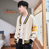 College style sweater cardigan sweater mens Korean version of the fashion color V-neck large size loose student jacket spring and autumn