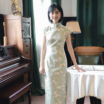 Long-style retro-improved daily printed linen flawless green plum in the small even sleeve side zipper of the Jasmine Spring Summer
