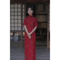 Jasmine cheongsam spring and autumn four-point sleeve long retro daily printed linen cheongsam Sumi-dark red