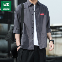 Mulinsen short-sleeved shirt mens summer thin trendy handsome tooling inch shirt jacket pure cotton three-quarter sleeve shirt