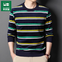 Mullinson round neck sweater mens winter slim 2021 New plus velvet padded casual striped long sleeve T-shirt top