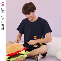 Fenteng cotton mens pajamas summer thin short sleeves shorts homewear youth Korean version can be worn outside cartoon set