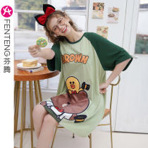 Fentem Brown Bear Sleeping Dress Summer Pure Cotton Short Sleeve Home Conserved Summer Cartoon Thin middle skirt Dress Pyjamas Dress