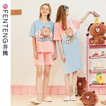 Fenteng short-sleeved pajamas womens summer thin brown bear cute girl pure cotton summer womens home clothes night dress