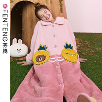 Fenten autumn and winter pajamas female coral velvet thickened Korean version of Brownbear home clothing flannel long Robe Womens bathrobe