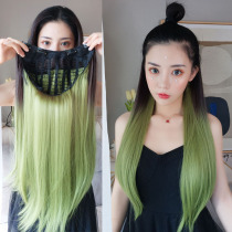 U-shaped wig female long straight hair invisible streak dyeing gradient cold green powder Net Red Anchor long curling hair set lolita