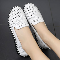 Shallow-mouthed single shoes 2021 new spring and summer flat leather soft-soled hollow white shoes casual leather shoes Doudou womens shoes