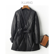 2021 Winter New Haining Leather Lace Skinny Medium and Long Leather Down Jacket Women's Sheepskin Coat Jacket