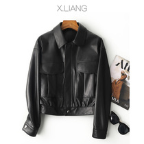 Spring and Autumn 2021 New Haining leather womens leather locomotive short fashion slim leather jacket sheep jacket