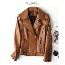 2021 spring and autumn new Korean version of the small leather jacket Haining leather leather womens motorcycle short sheep oil wax leather jacket