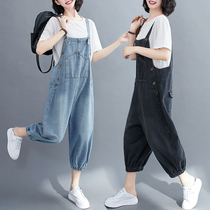Large size denim strap pants womens summer dress 2021 New bunches Capri pants slim age age jumpsuit Loose Womens