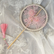 Hanfu accessories fan small round fan long handle embroidery flower antique photo props palm fan mini children's group fan
